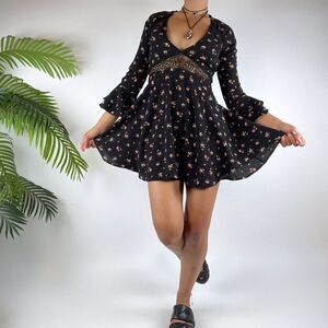 Vintage Y2K Black Whimsigoth Coquette Floral Romantic Grunge Mini Dress / Sz: S